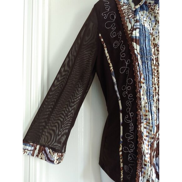 Alberto Makali Womens Artsy Pleated Sheer Mesh Sleeves Embroidered L Electic - Picture 8 of 13